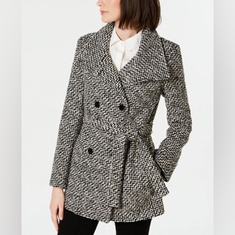 Calvin Klein Black and White Textured Wool Boucle Belted Jacket Coat